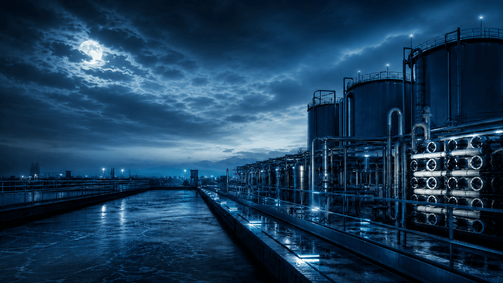 Industrial water treatment facility with tanks, piping, and water channels